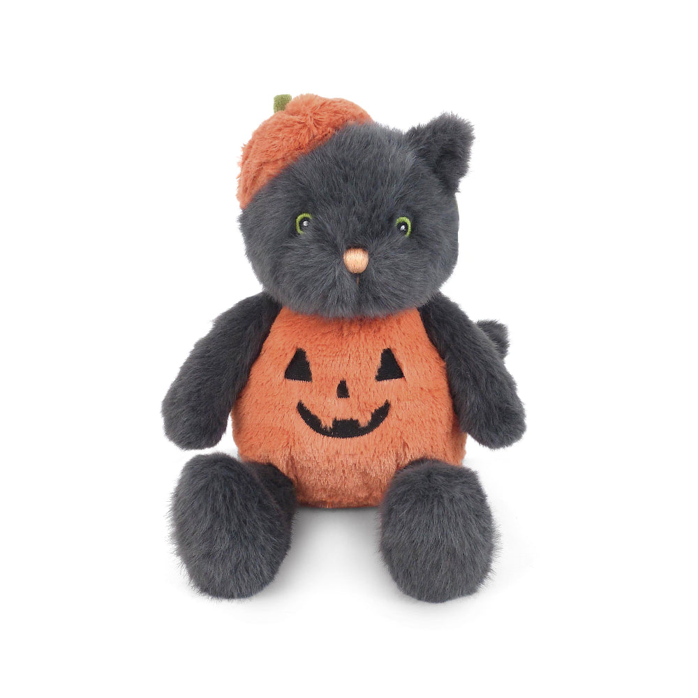Plush toy cat with pumpkin costume on a white background