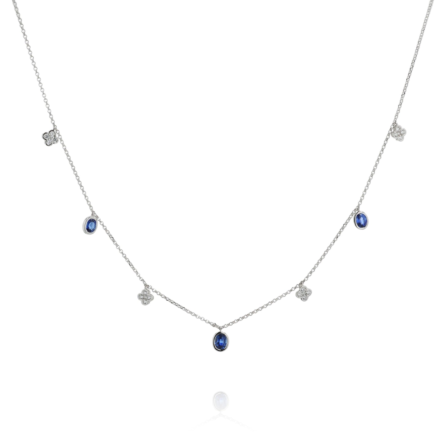 14k White Gold Alternating Sapphire and Diamond Bezel Station Necklace