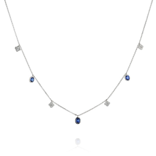 14k White Gold Alternating Sapphire and Diamond Bezel Station Necklace