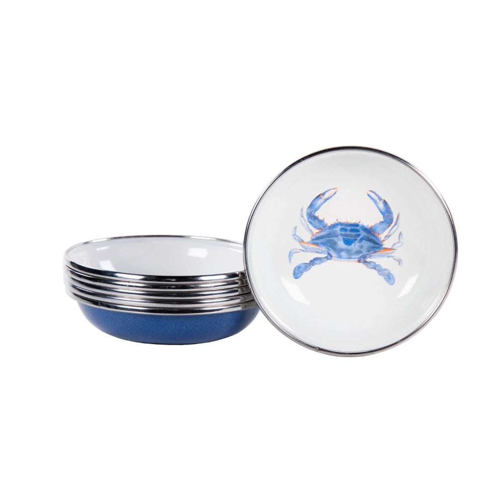 White and blue crab themed enameled steel tasting dish with a blue crab in the middle of the dish on a white backround. 