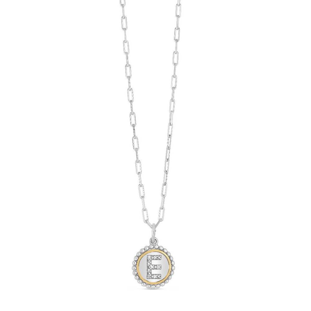 Two-Tone 20" Round Beaded Edge Initial "E" Pave Diamond Disc Pendant Necklace