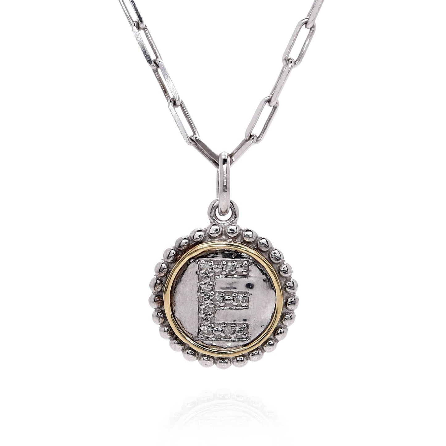 Two-Tone 20" Round Beaded Edge Initial "E" Pave Diamond Disc Pendant Necklace
