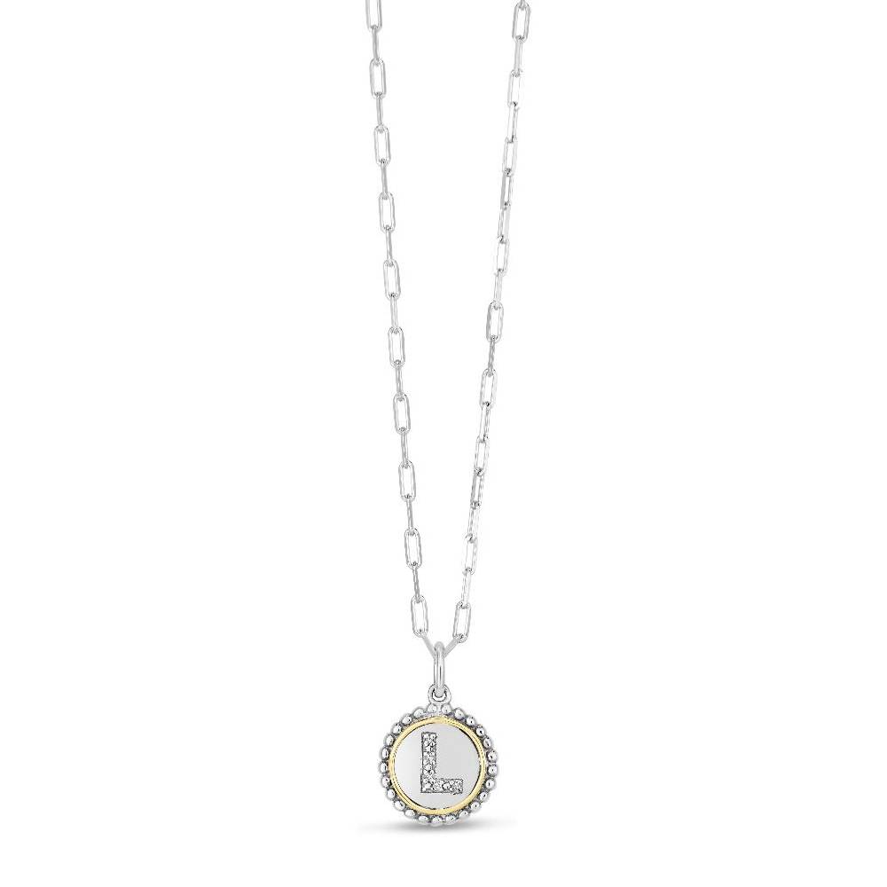 Two-Tone 20" Round Beaded Edge Initial "L" Pave Diamond Disc Pendant Necklace