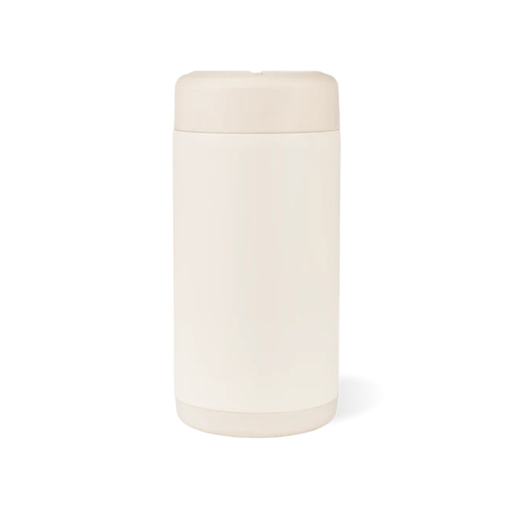 A cream cylindrical can cooler with a matching lid, shown from the front on a clean white background.