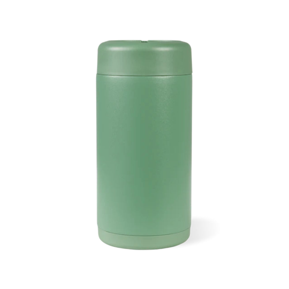 A matte sage green insulated travel can cooler with a matching screw-on lid, shown on a clean white background.