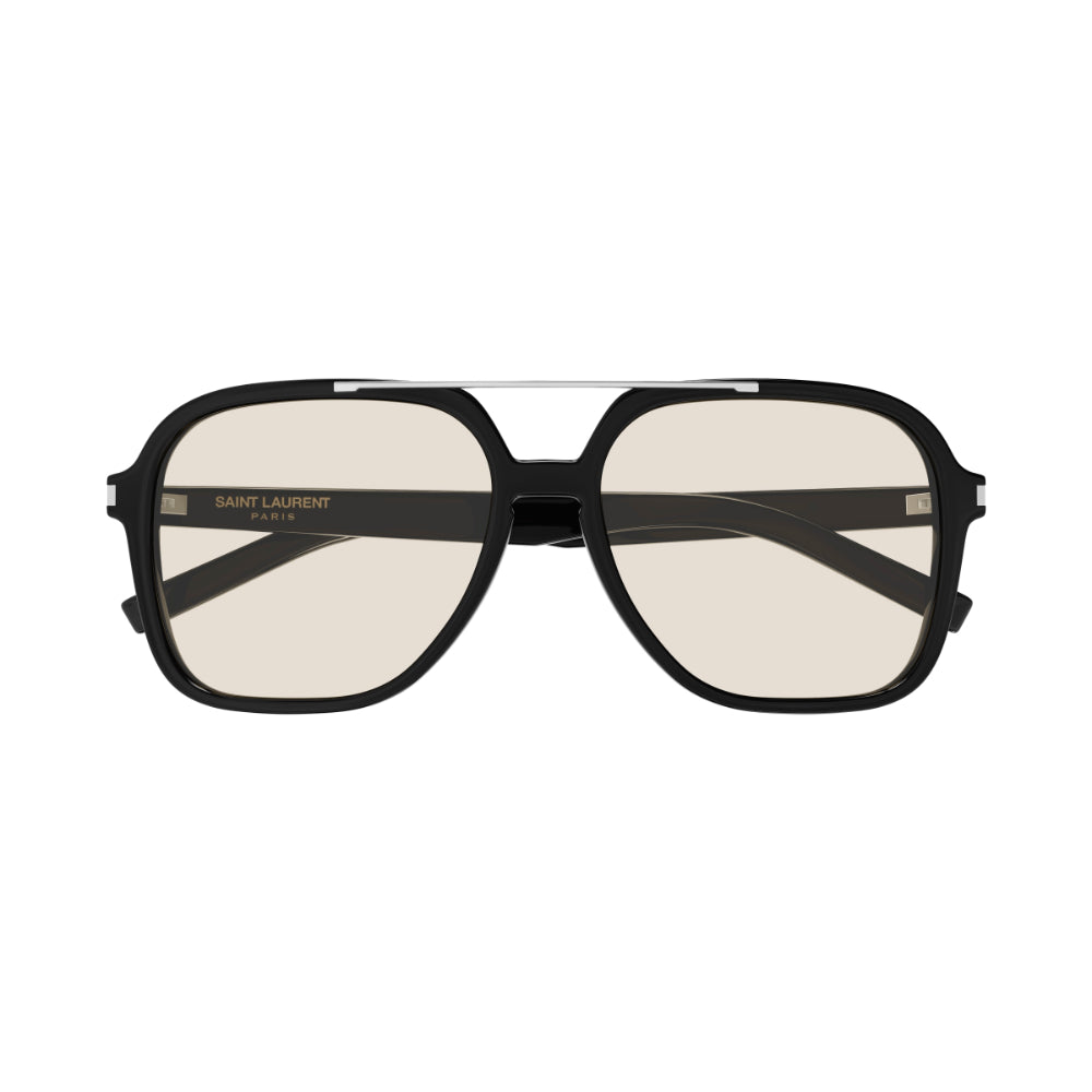 Saint Laurent oversized square aviator sunglasses with a black acetate frame, double bridge, and light beige lenses, shown against a plain white background.