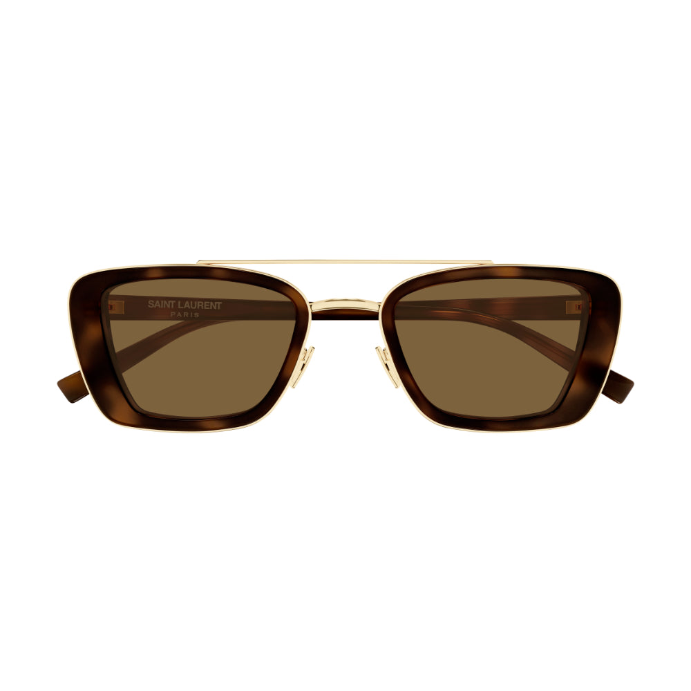 Saint Laurent square aviator sunglasses with tortoiseshell frames, gold metal rims, and brown lenses, shown against a plain white background.