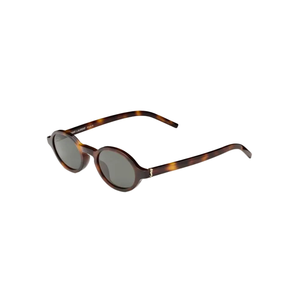 Oval shaped women's tortoise shell sunglasses with a small gold YSL logo on the side displayed on a white background.