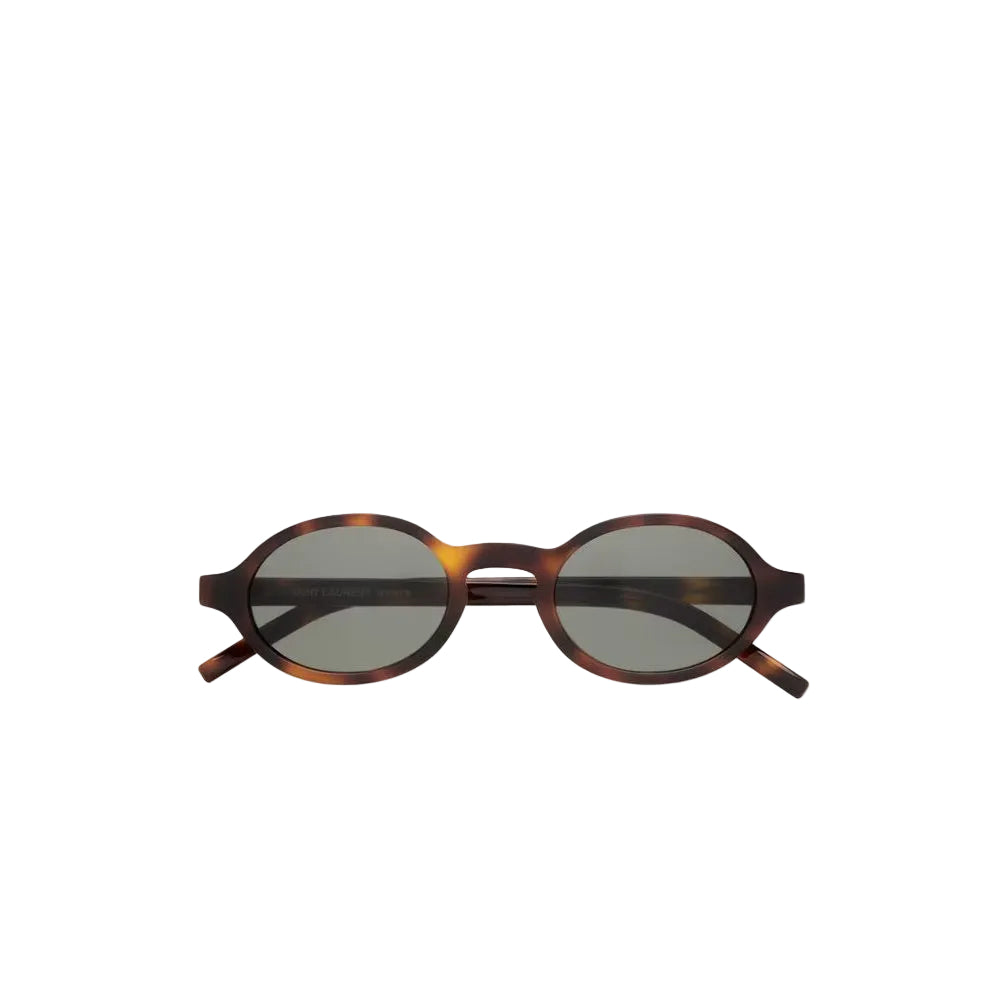 Oval sunglasses with a dark brown and amber tortoiseshell acetate frame and dark gray lenses, shown against a plain off-white background.