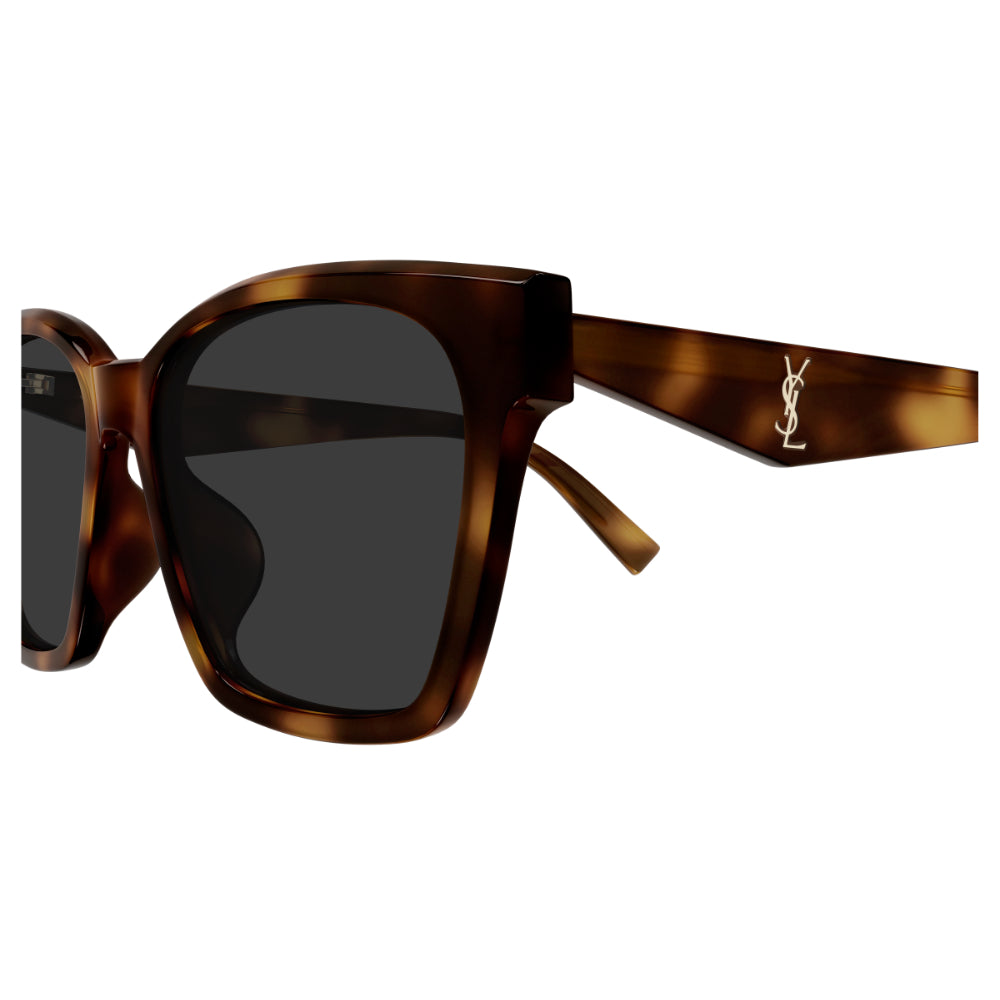 Brown sunglasses with a brand logo on the arm against a white background