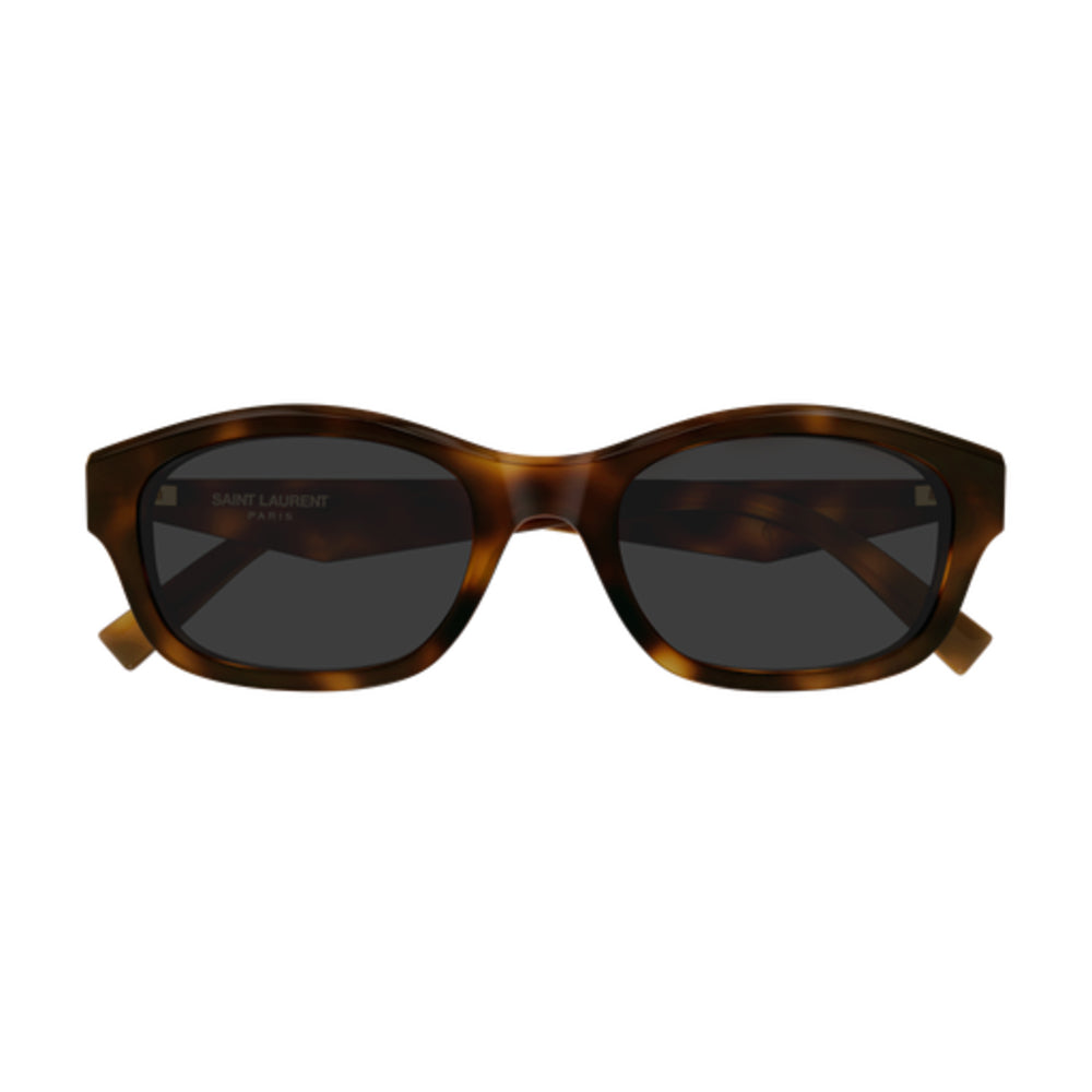 Saint Laurent sunglasses with a brown tortoiseshell acetate frame and dark gray lenses, shown against a plain white background.