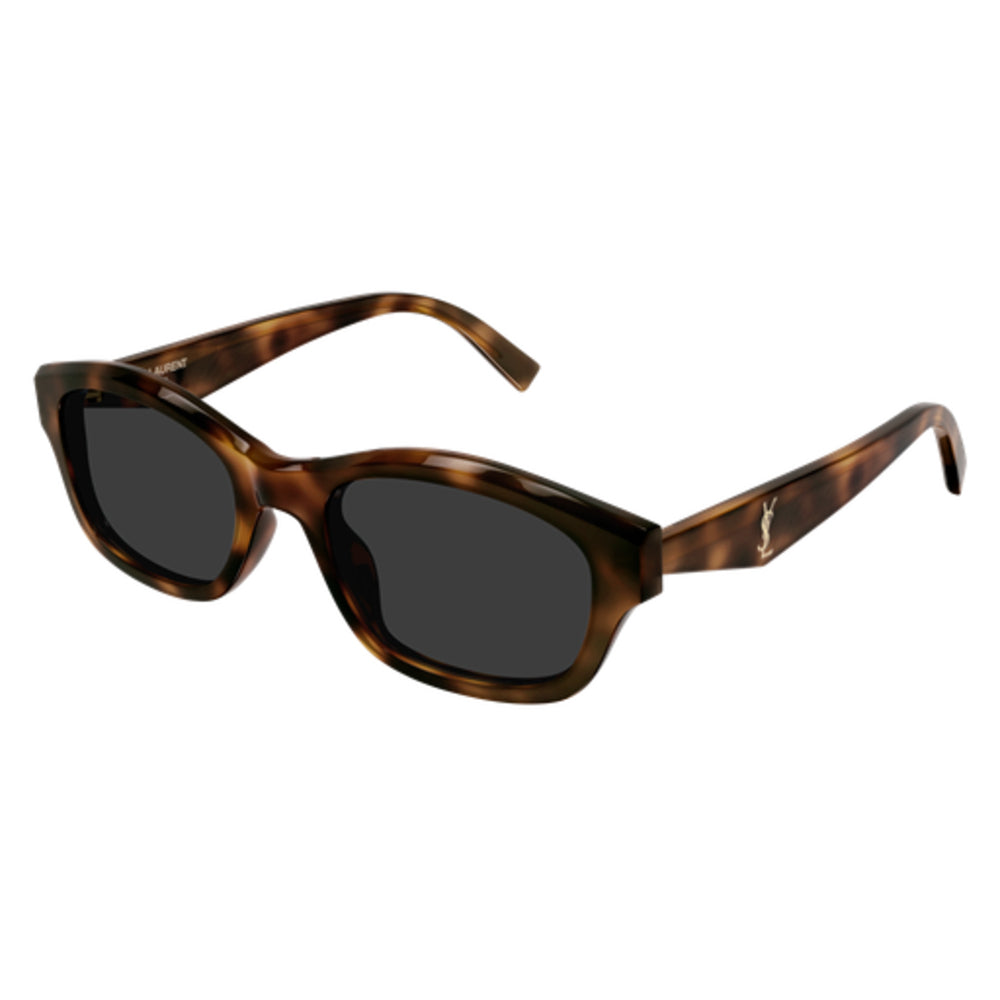 Saint Laurent sunglasses with a brown tortoiseshell acetate frame and dark gray lenses, featuring the signature YSL logo on the temple arm.