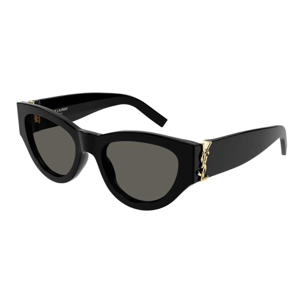 Black cat-eye sunglasses with gold accents on a white background