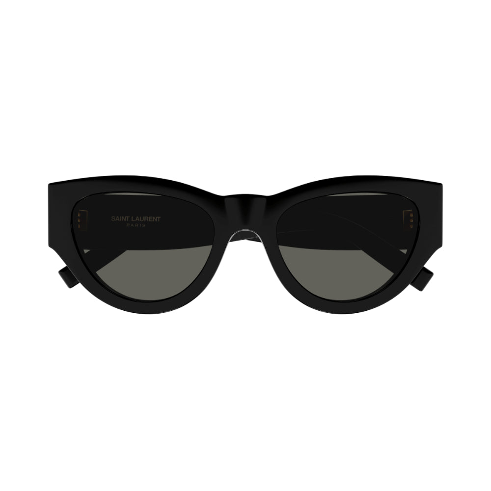 Sunglasses with black frame and dark lenses on a white background