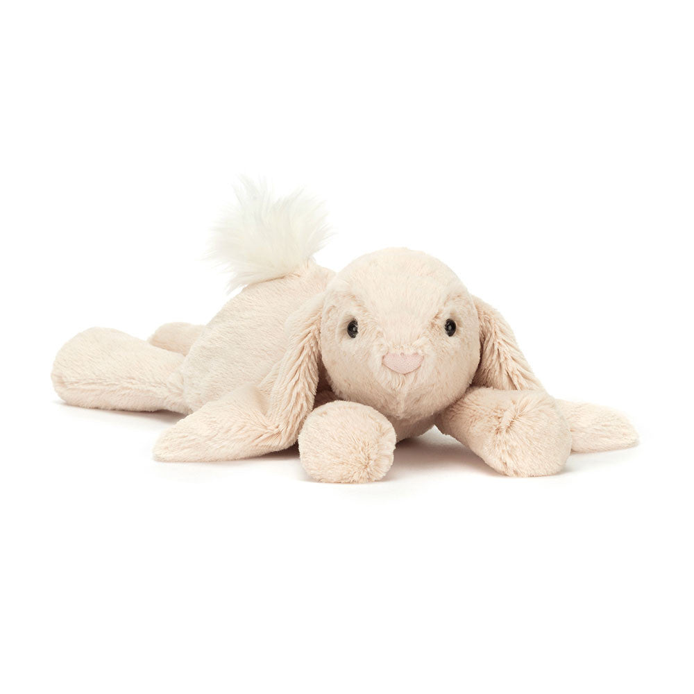 Small size beige plush bunny toy on a white background.