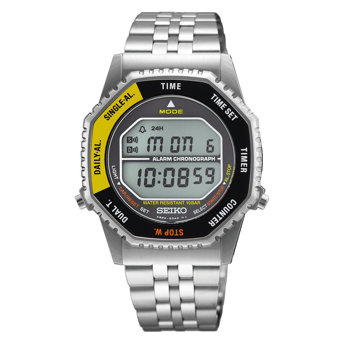 Digital watch with silver metal band and Seiko branding on a white background