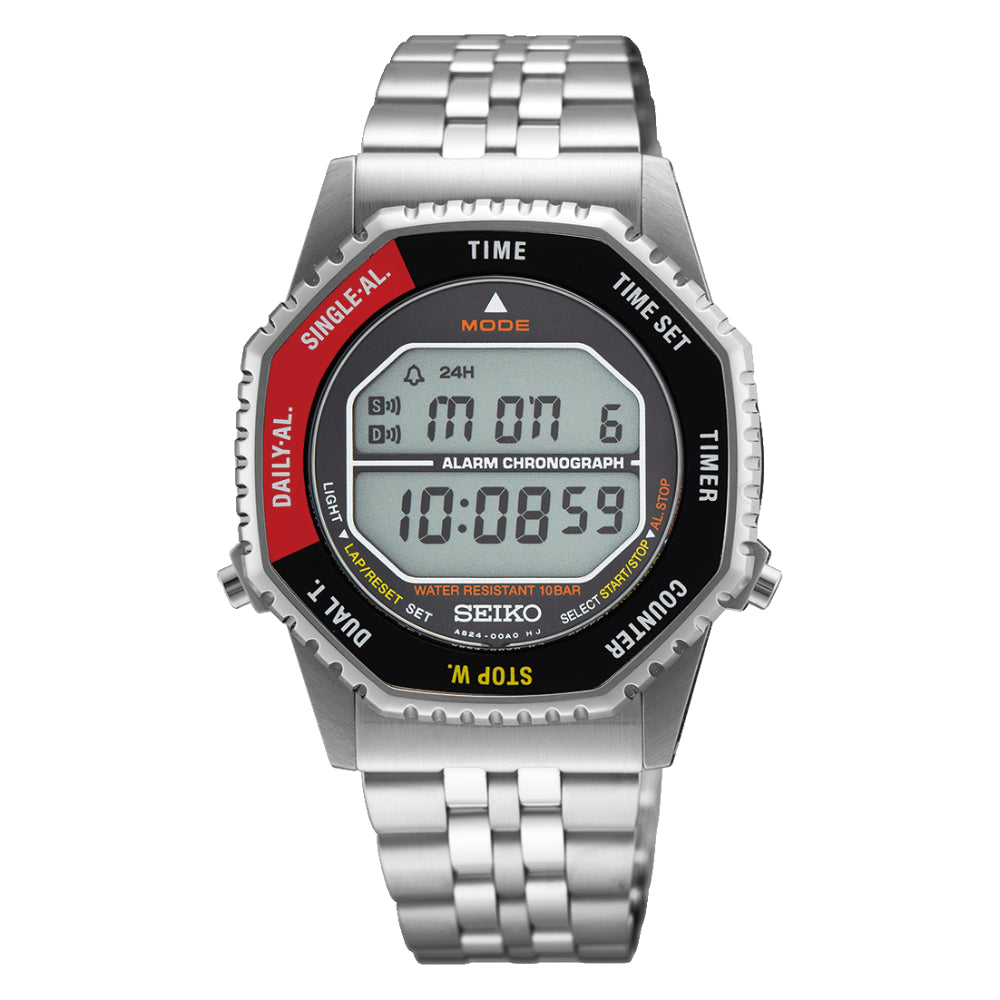 Digital Seiko watch with silver metal strap on a white background