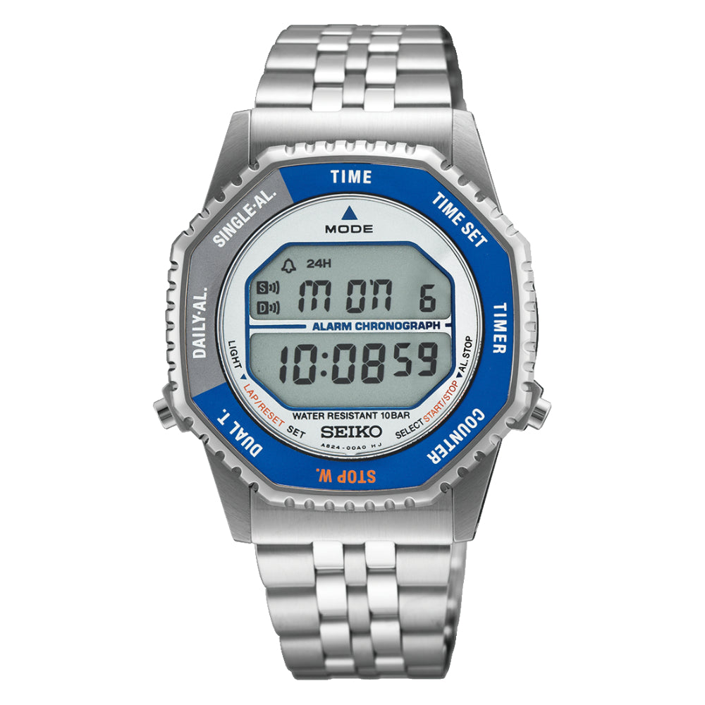 Digital watch with blue and silver design on a white background