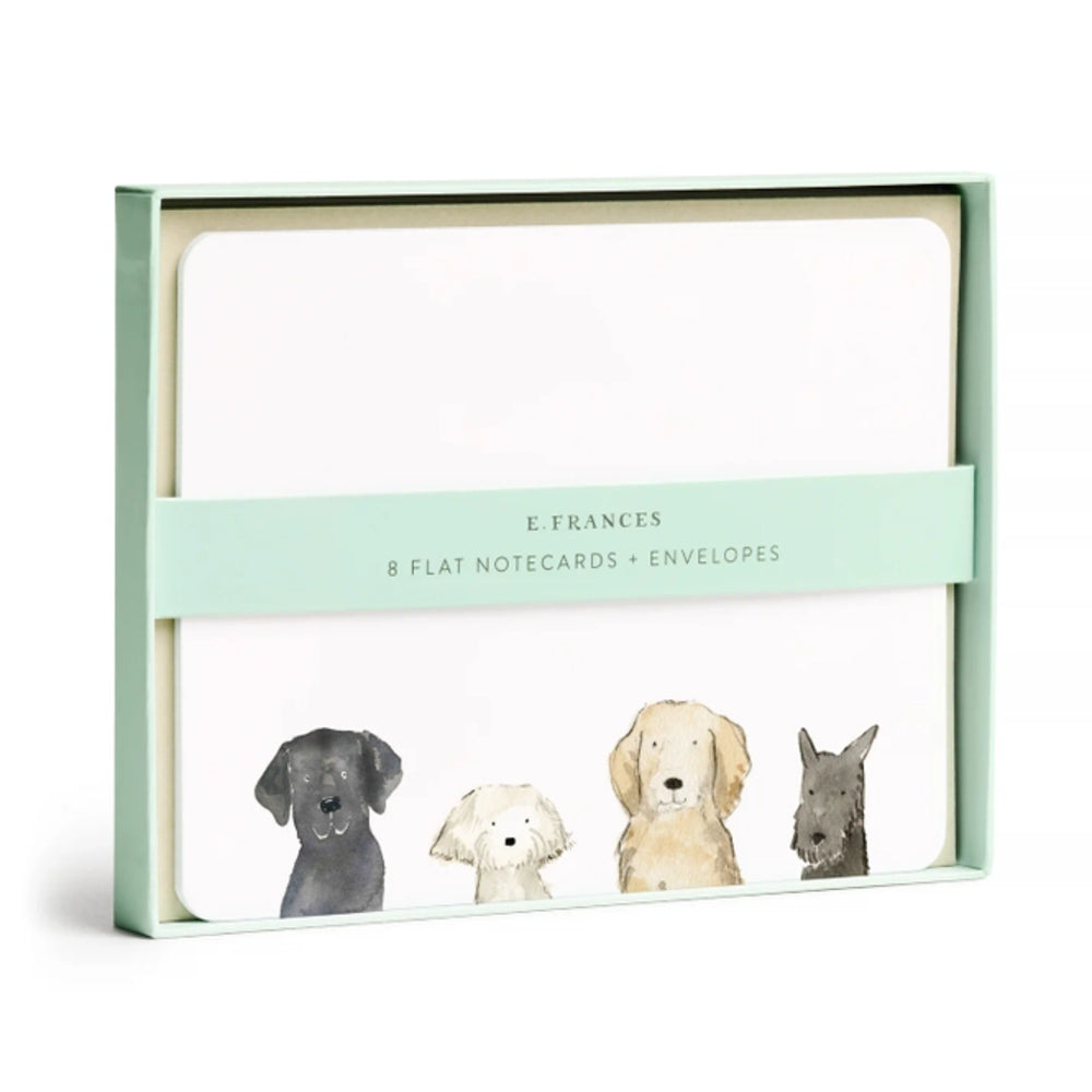 Pack of flat notecards with envelopes featuring illustrations of dogs, branded by E. Frances.