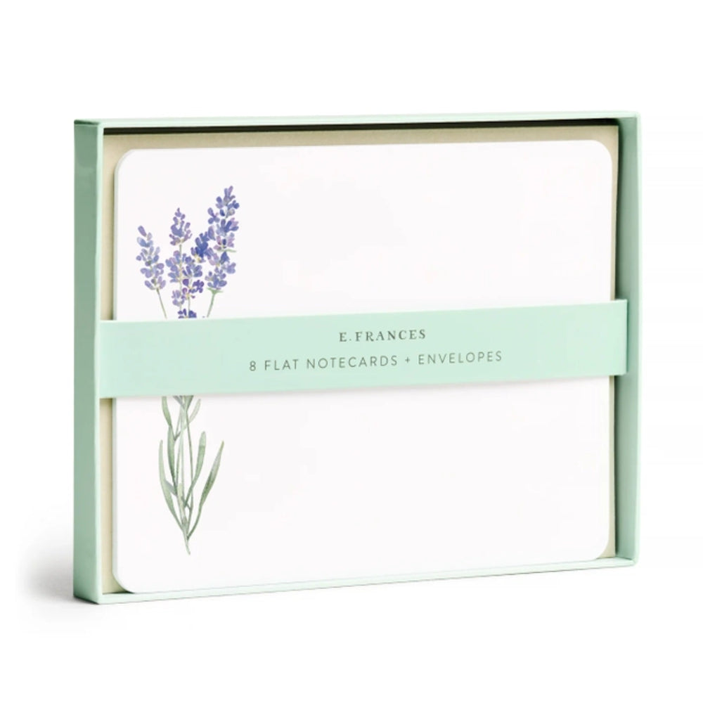 Pack of flat notecards with envelopes featuring lavender design and 'E. Frances' branding.