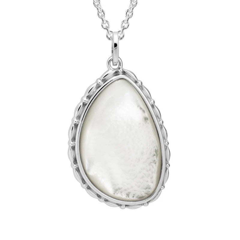 A silver teardrop pendant necklace featuring a textured, hammered silver bezel and a large, polished pear-shaped white mother-of-pearl center stone, suspended from a silver chain against a plain white background.