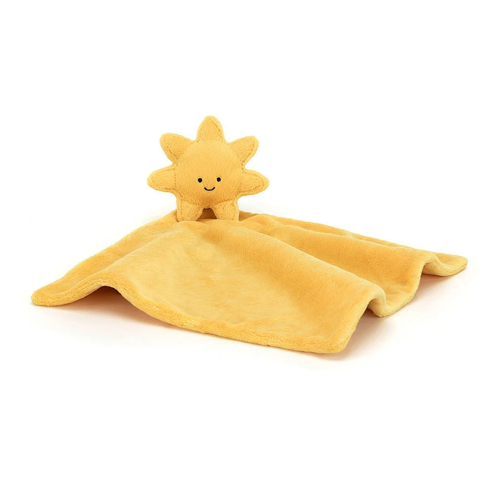 Yellow sun-shaped comfort blanket with smiling sun on a white background.