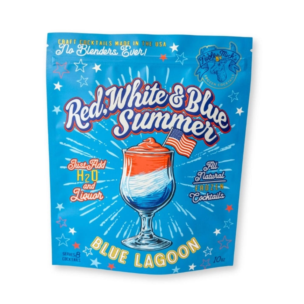 Packaged cocktail mix with 'Red, White & Blue Summer' and 'Blue Lagoon' branding on a blue background.