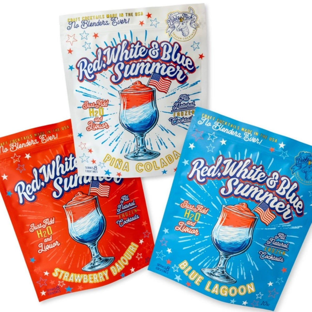 Three colorful packaging designs for 'Red White & Blue Summer' cocktails on a white background.