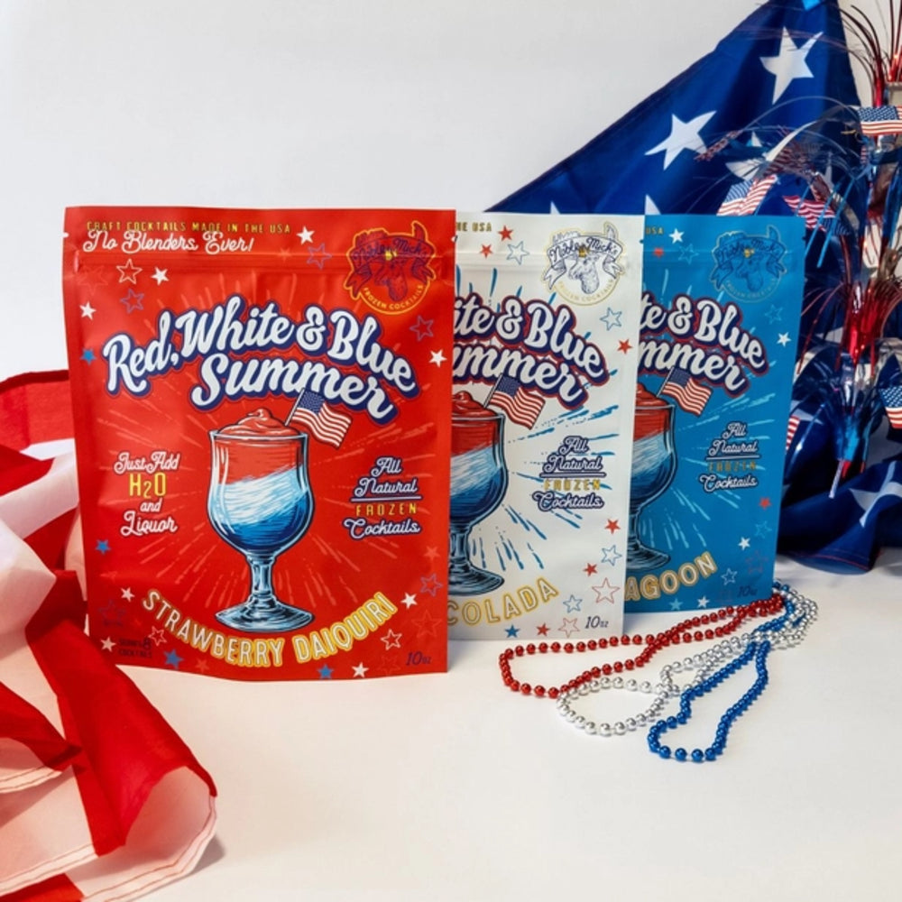 Three 'Red White & Blue Summer' themed packages with a flag and beads in the background.