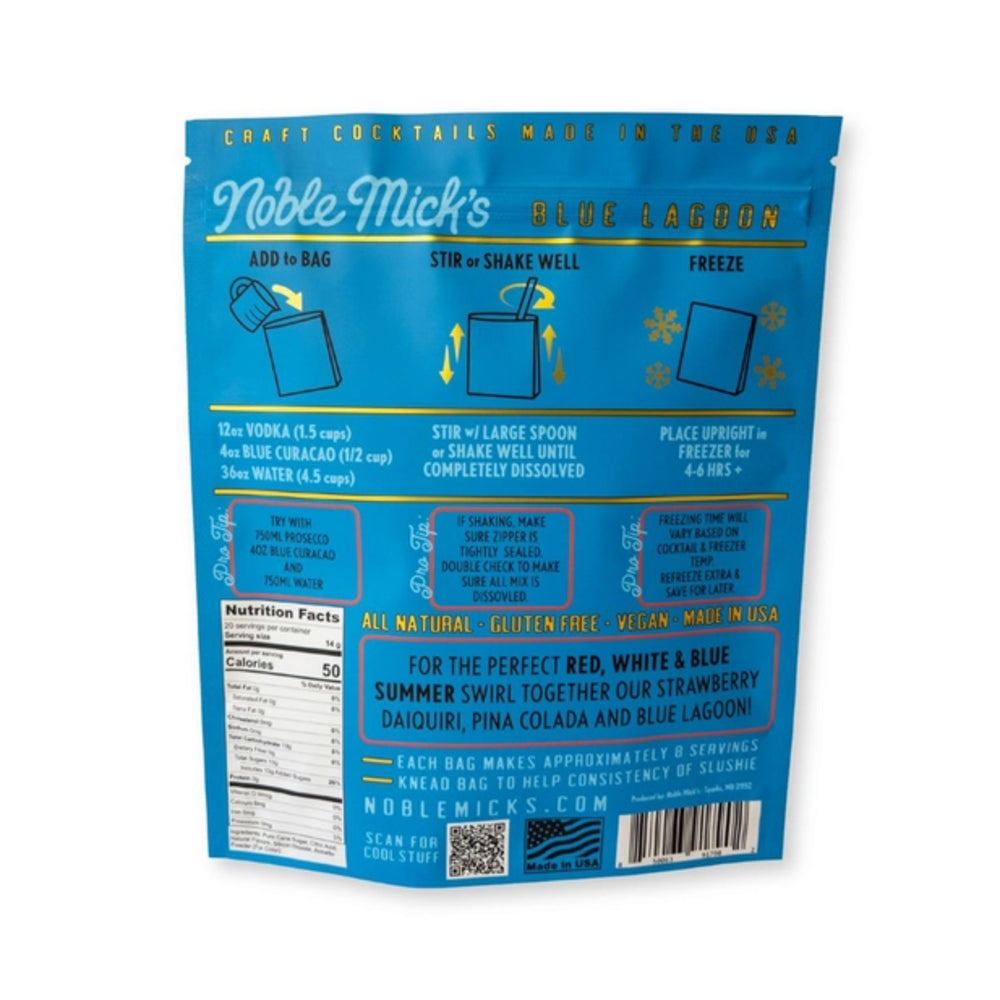 Noble Mikk's Blue Lagoon cocktail mix package on a white background