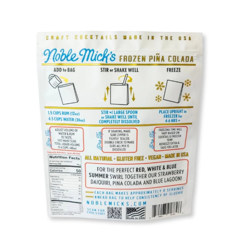 Noble Mick's Frozen Pina Colada mix packaging with instructions and branding.