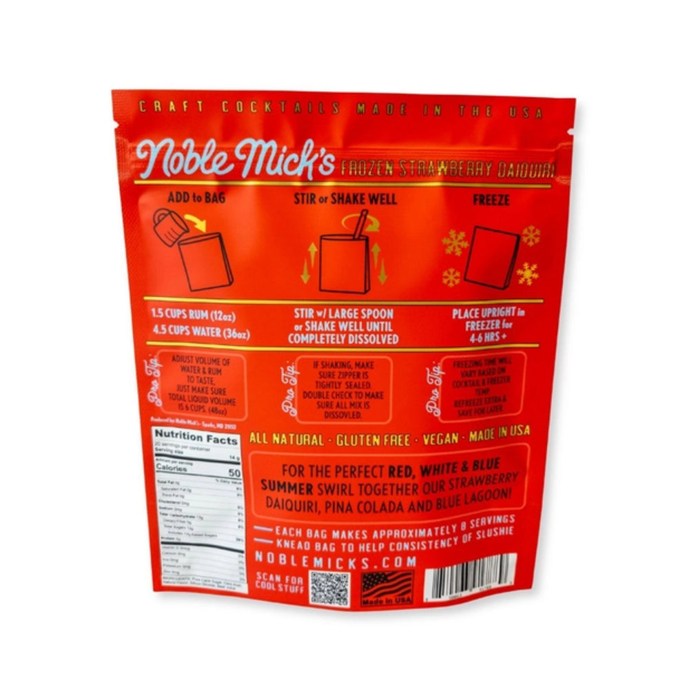 Red packaging of Noble Micks cocktail mix with instructions and branding on a white background