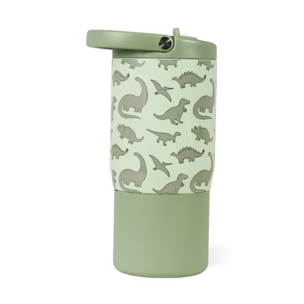 Green tumbler with dinosaur pattern and handle on a white background.
