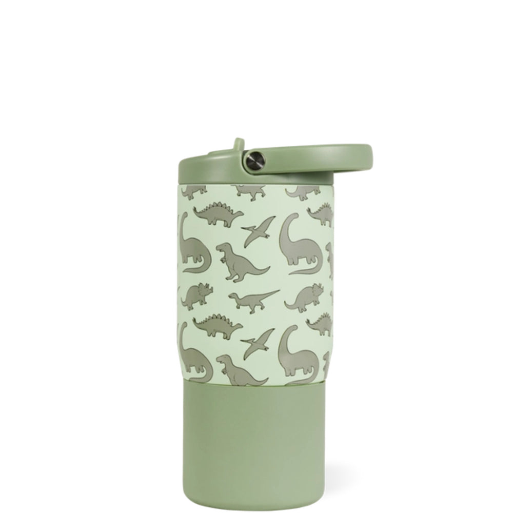 A second photo of a green tumbler with a green handle with a dinosaur pattern on a white background.