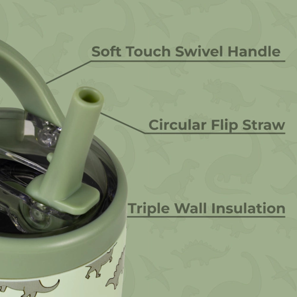 Product infomation in text on a green tumbler with soft touch swivel handle, circular flip straw, and triple wall insulation on a green background.