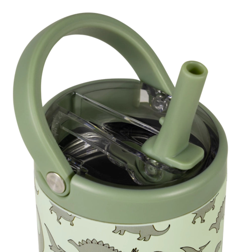 A top photo of a green tumbler with a dinosaur pattern, handle, and straw with a clear lid on a white background.