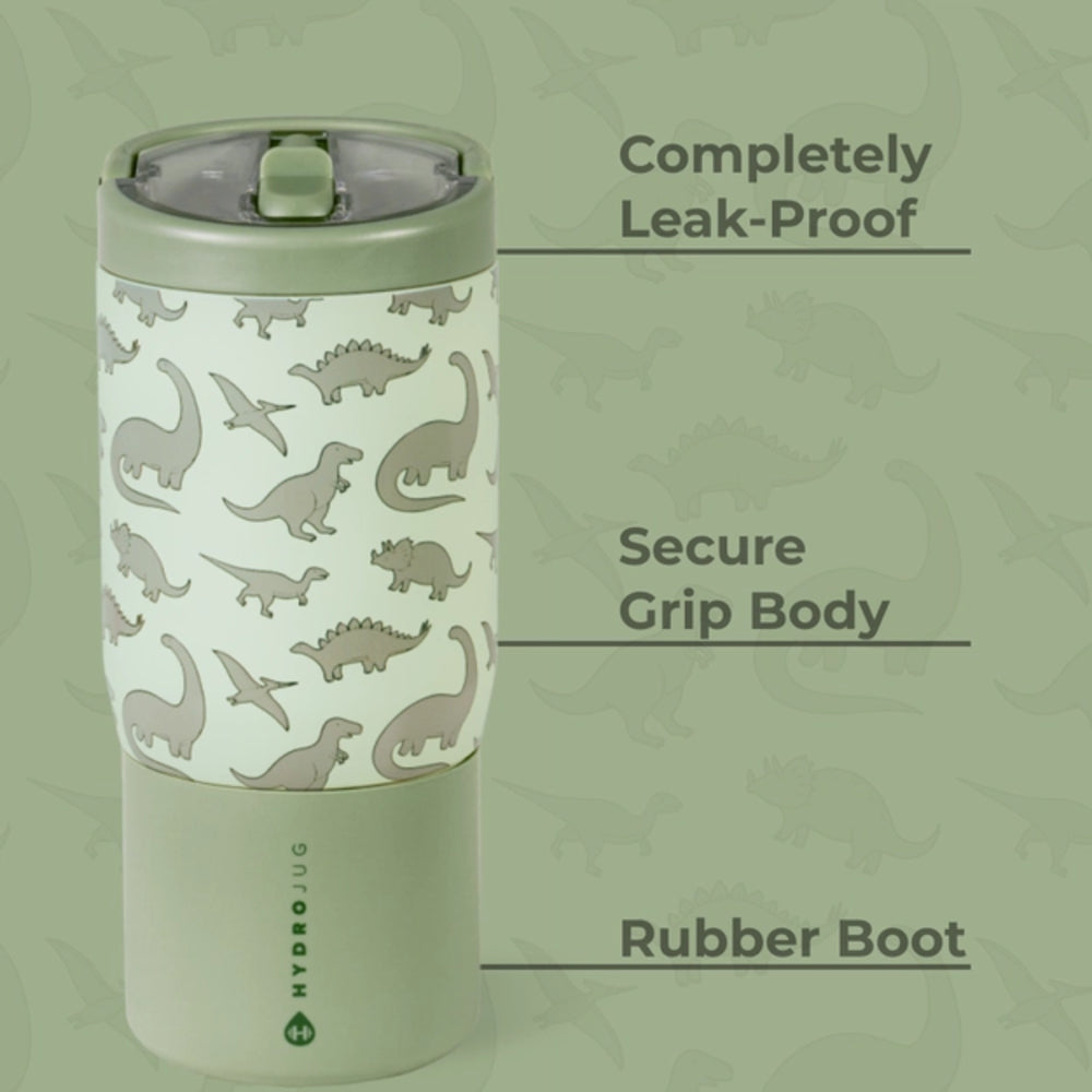 Green tumbler with dinosaur pattern on a green background, featuring text about its features.