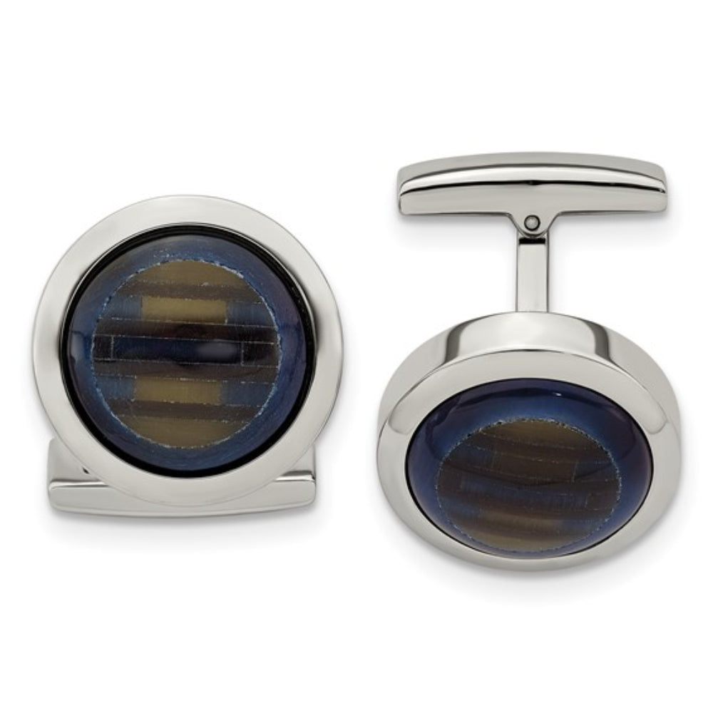 Stainless Steel Polished Blue and Brown Cat's Eye Circle Cufflinks
