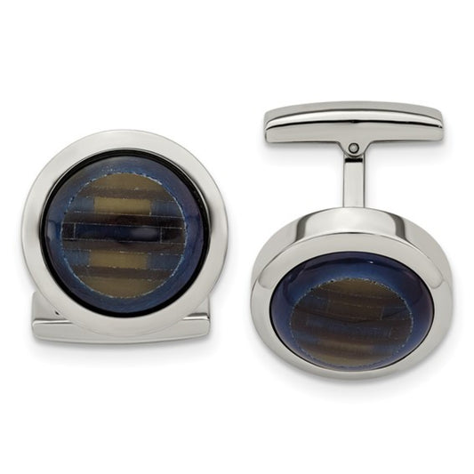 Stainless Steel Polished Blue and Brown Cat's Eye Circle Cufflinks