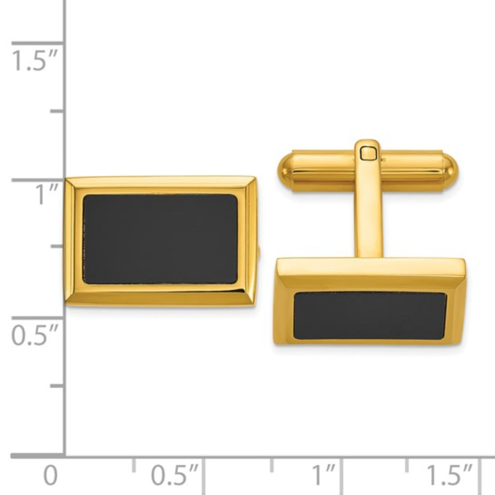 Stainless Steel Polished Gold-Tone Rectangle Cufflinks with Black Epoxy Inlay