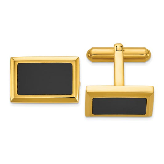 Stainless Steel Polished Gold-Tone Rectangle Cufflinks with Black Epoxy Inlay