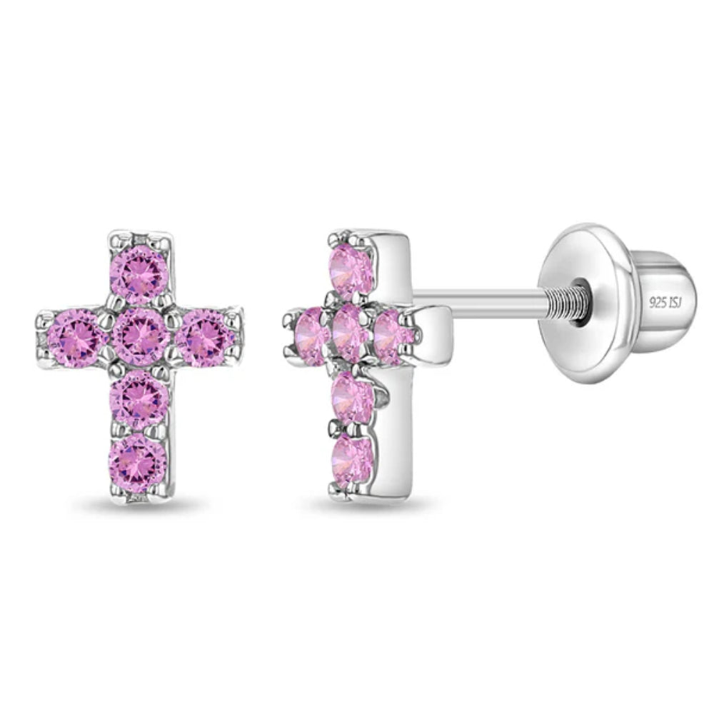 Cross-shaped earrings with pink gemstones on a white background