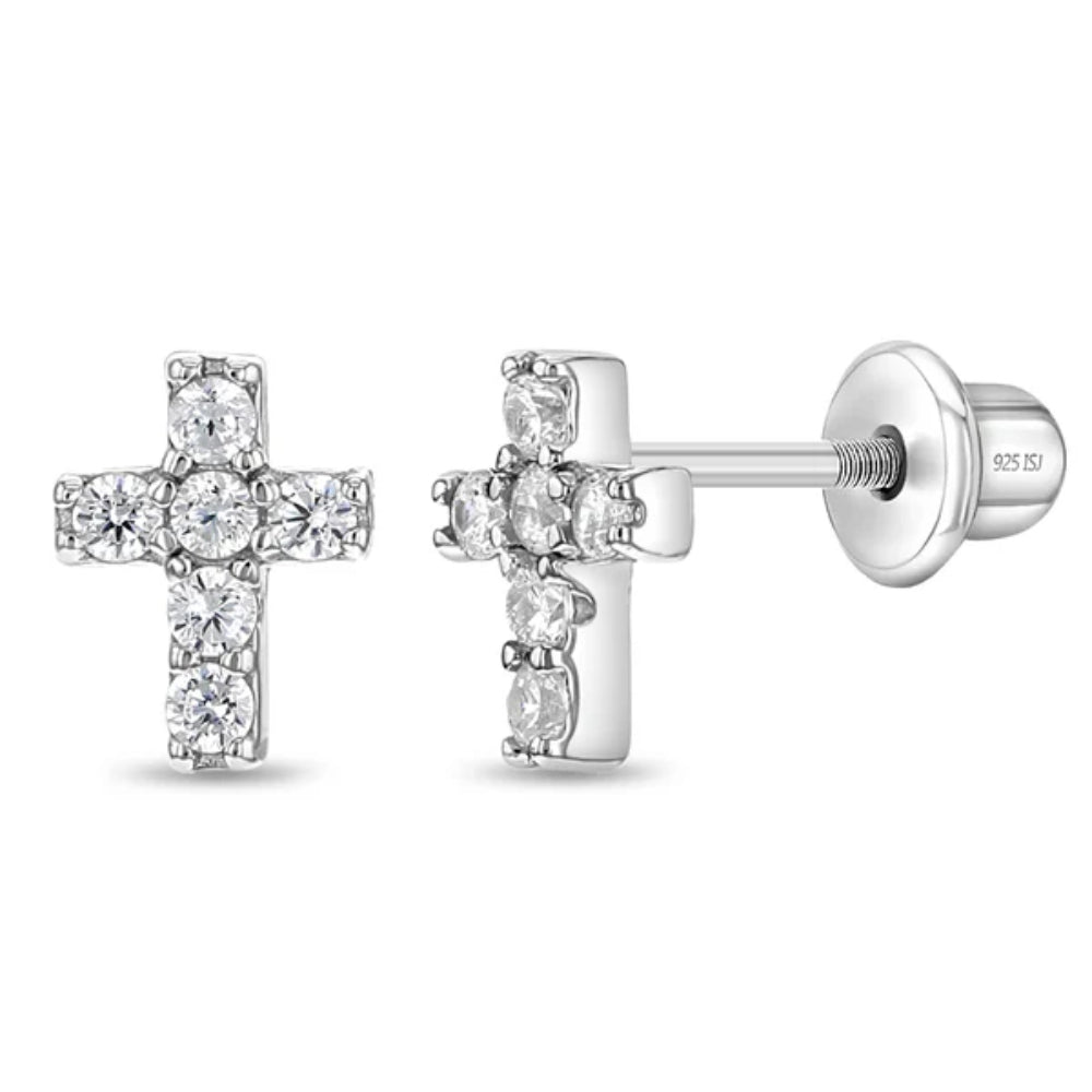 Silver cross-shaped earrings with clear stones on a white background