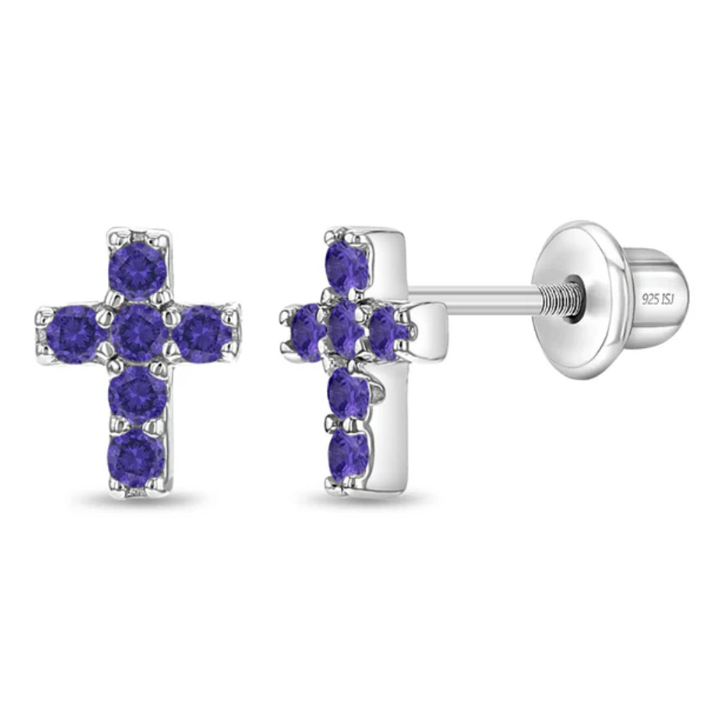 Cross-shaped earrings with purple gemstones on a white background