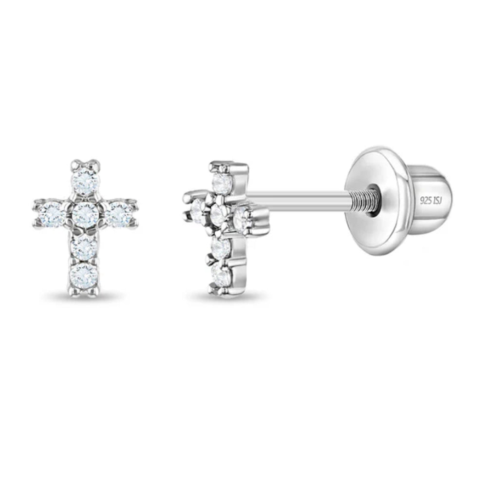 Silver cross-shaped earrings with clear gemstones on a white background