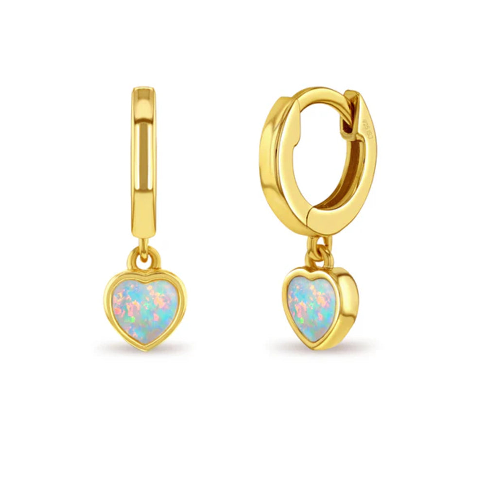 Gold hoop earrings with heart-shaped opalite stones on a white background