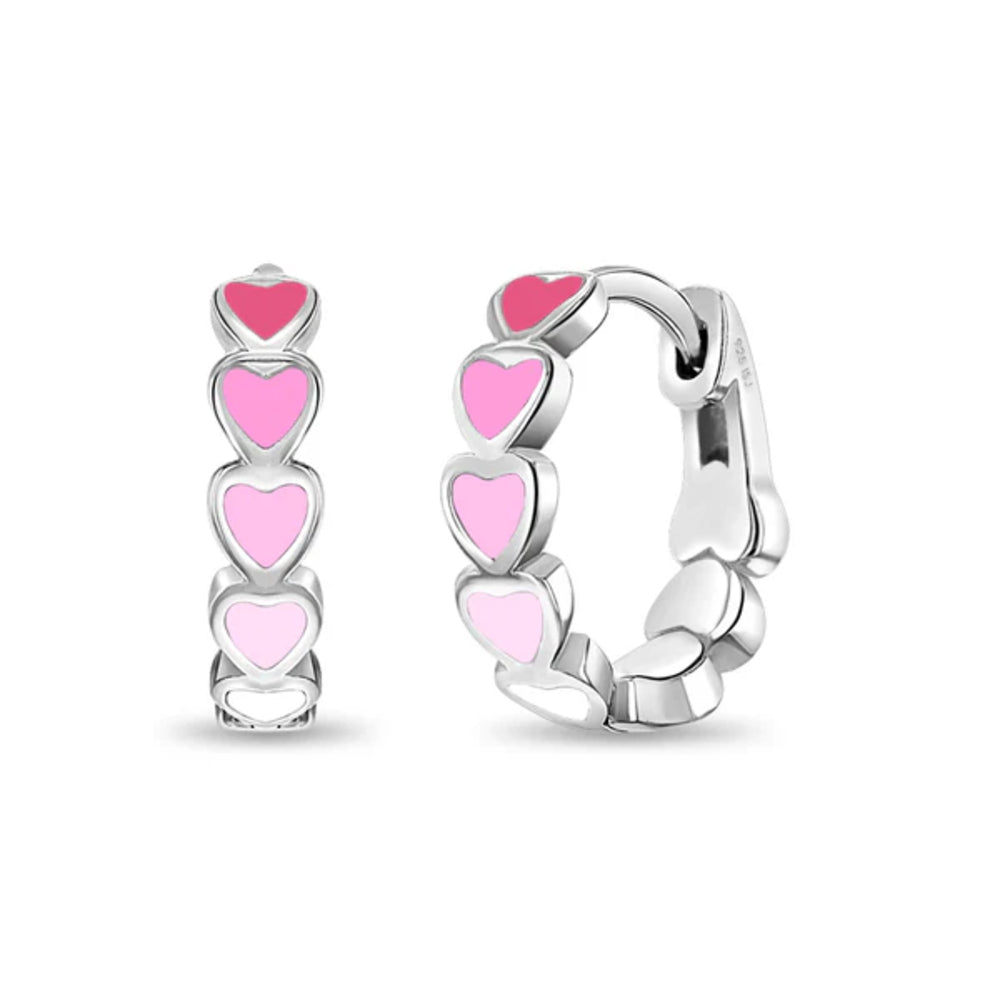 Silver hoop earring with pink heart-shaped stones on a white background