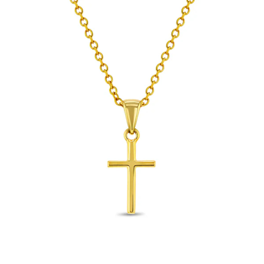 Gold cross pendant on a gold chain against a white background