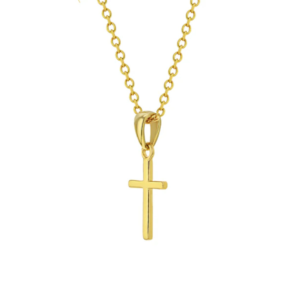 Gold cross pendant on a chain against a white background