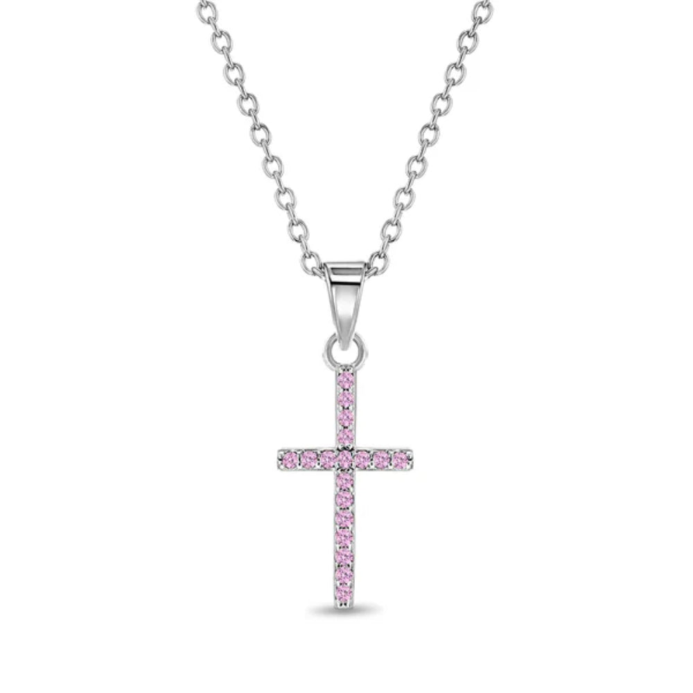Silver cross pendant with pink stones on a white background